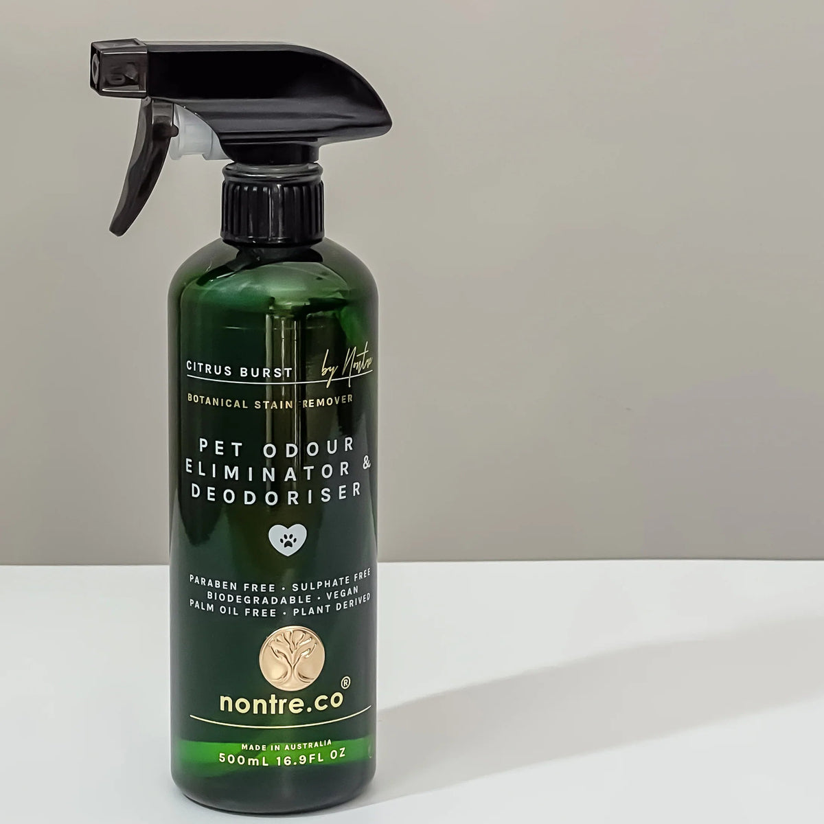 Nontre.co Pet Odour Eliminator 500ml bottle showing the paraben free, sulphate free, biodegradable, vegan and palm oil free label