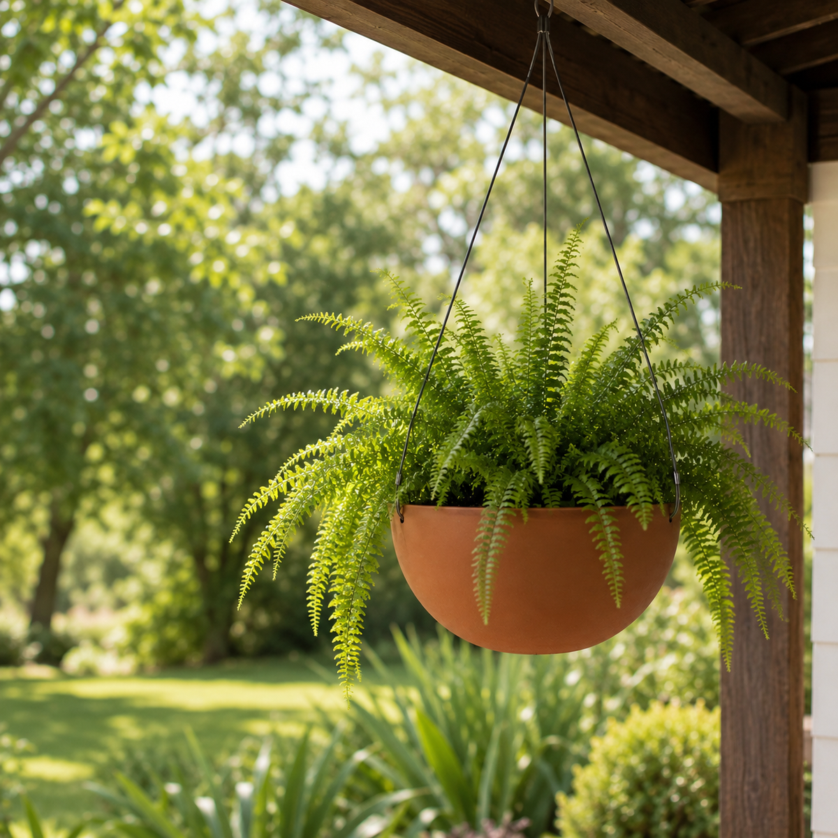 Potted Charlotte hanging pot in Dusted Clay, 305mm wide, shown planted