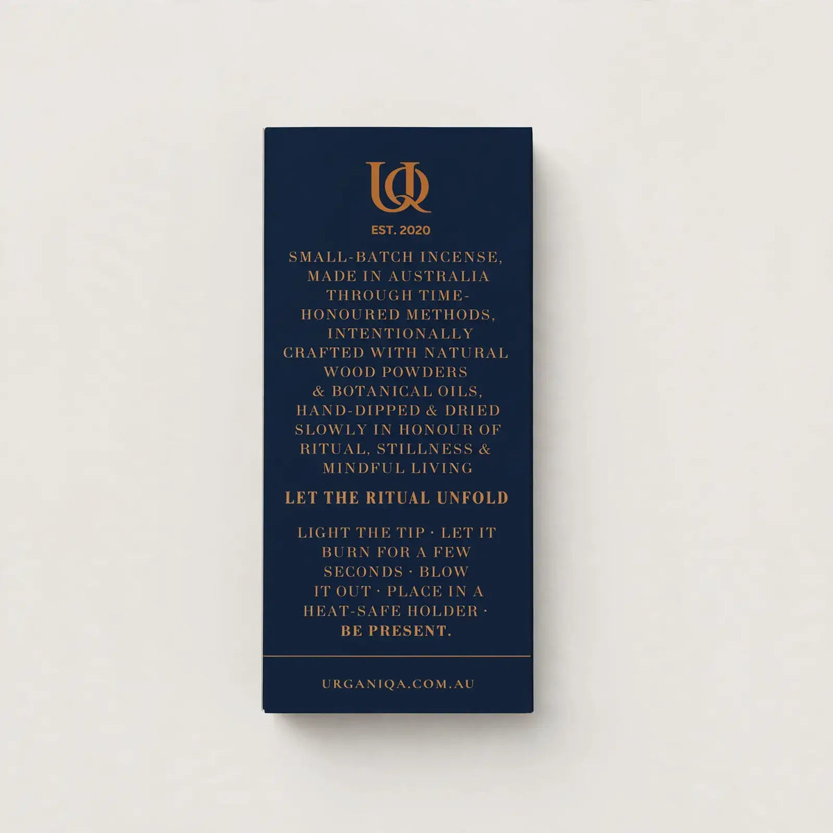 Back of the Urganiqa Quiet Tribute incense box showing how it is made and how to use it