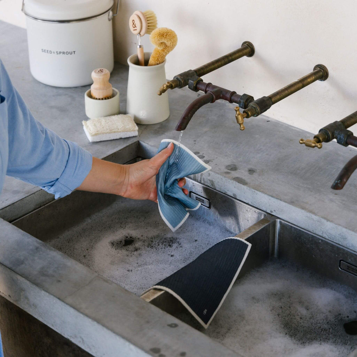 Seed and Sprout cellulose sponge dish cloth in use