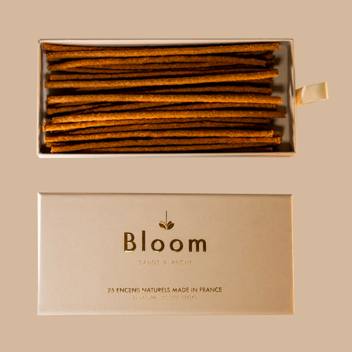 Bloom France White Sage natural incense, open box of 25 sticks with the Sauge Blanche box