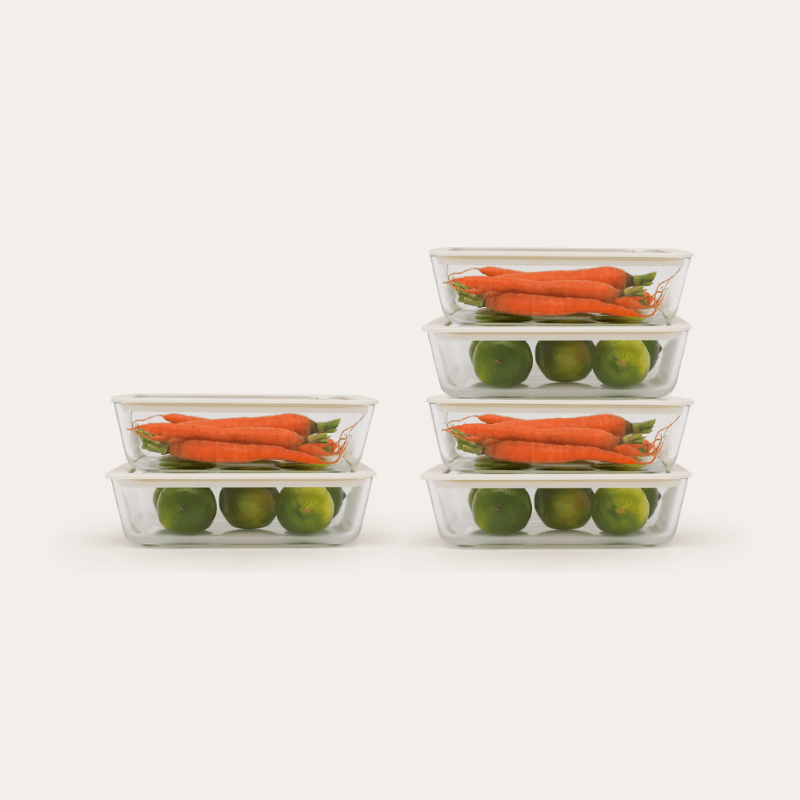 Seed & Sprout rectangle glass food containers stacked, showing the glass lids