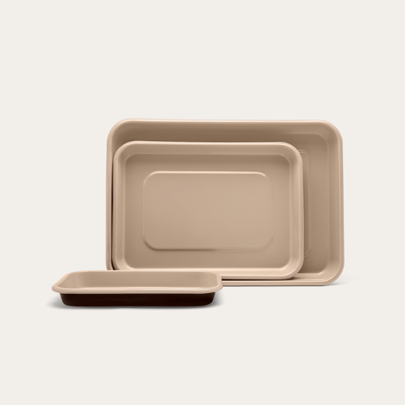 Seed & Sprout Macadamia enamel baking tray set, three trays in mixed sizes