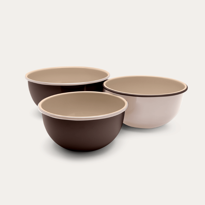 Seed & Sprout Macadamia enamel serving bowl set, three nesting bowls