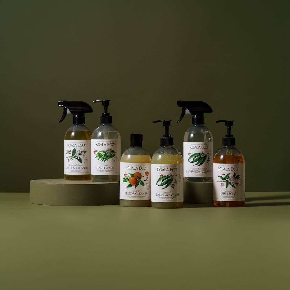 The wider Koala Eco range: kitchen cleaner, hand wash, floor cleaner, laundry wash, bathroom cleaner and dish soap