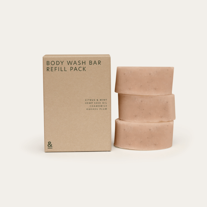 The Citrus and Mint body wash bar refill pack with three bars beside the cardboard box