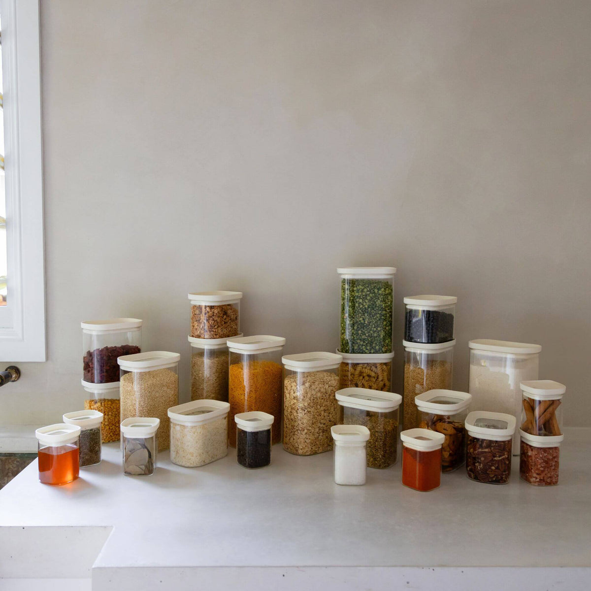 Tallow glass pantry jars with airtight lids, detail