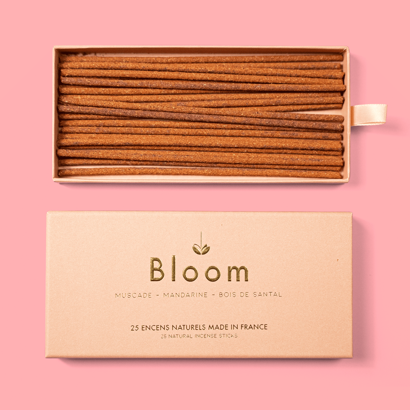 Bloom France Mandarine incense, open box of 25 natural sticks beside the Muscade Mandarine Bois de Santal box