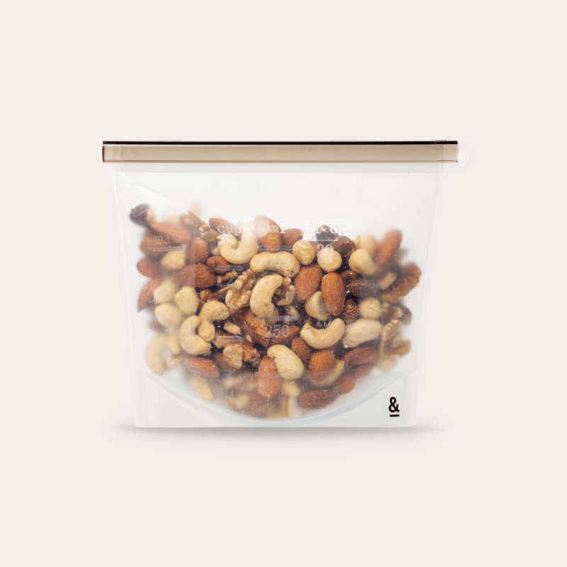Seed & Sprout silicone food pouch filled with nuts