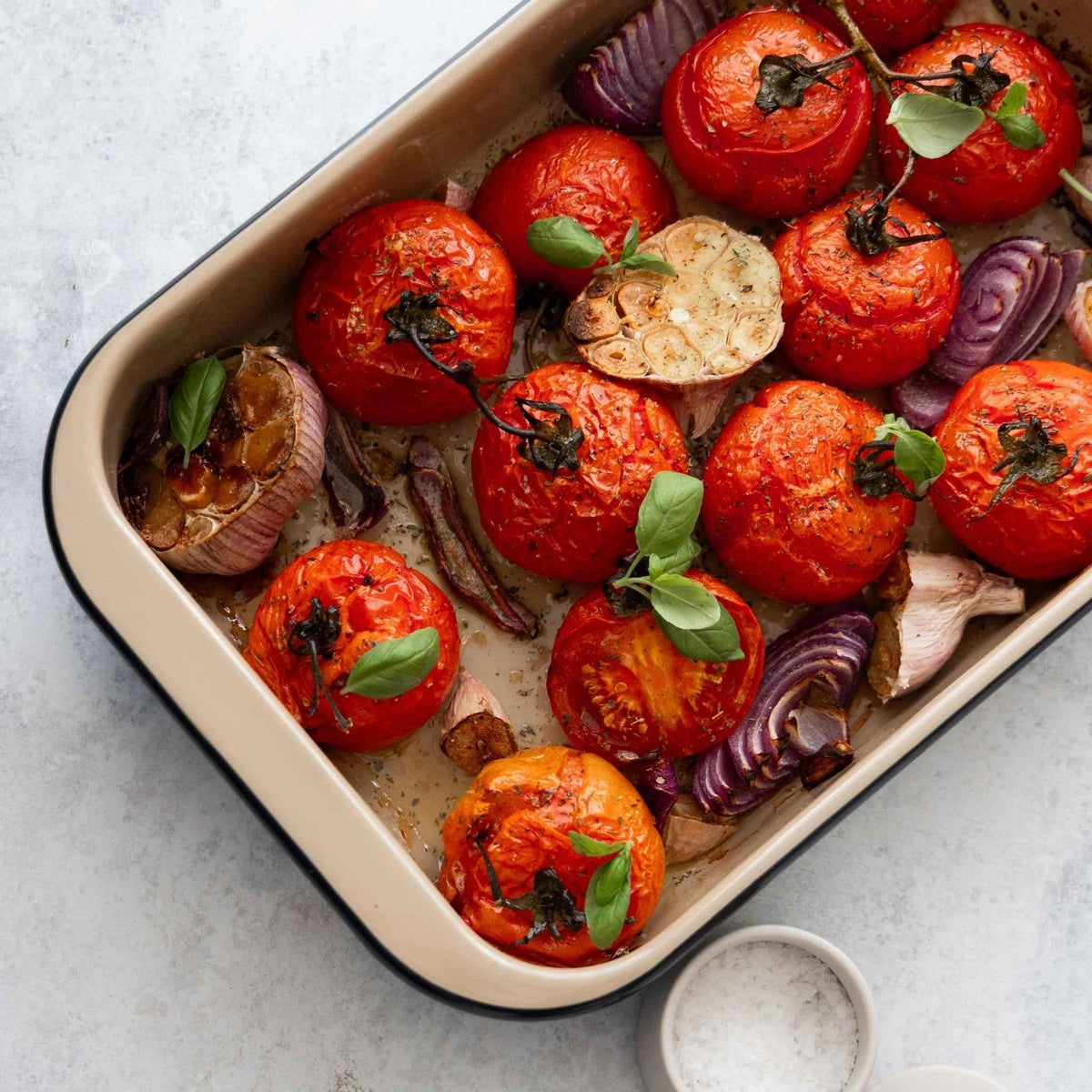 Roasted tomatoes, red onion and garlic in a Macadamia enamel baking tray