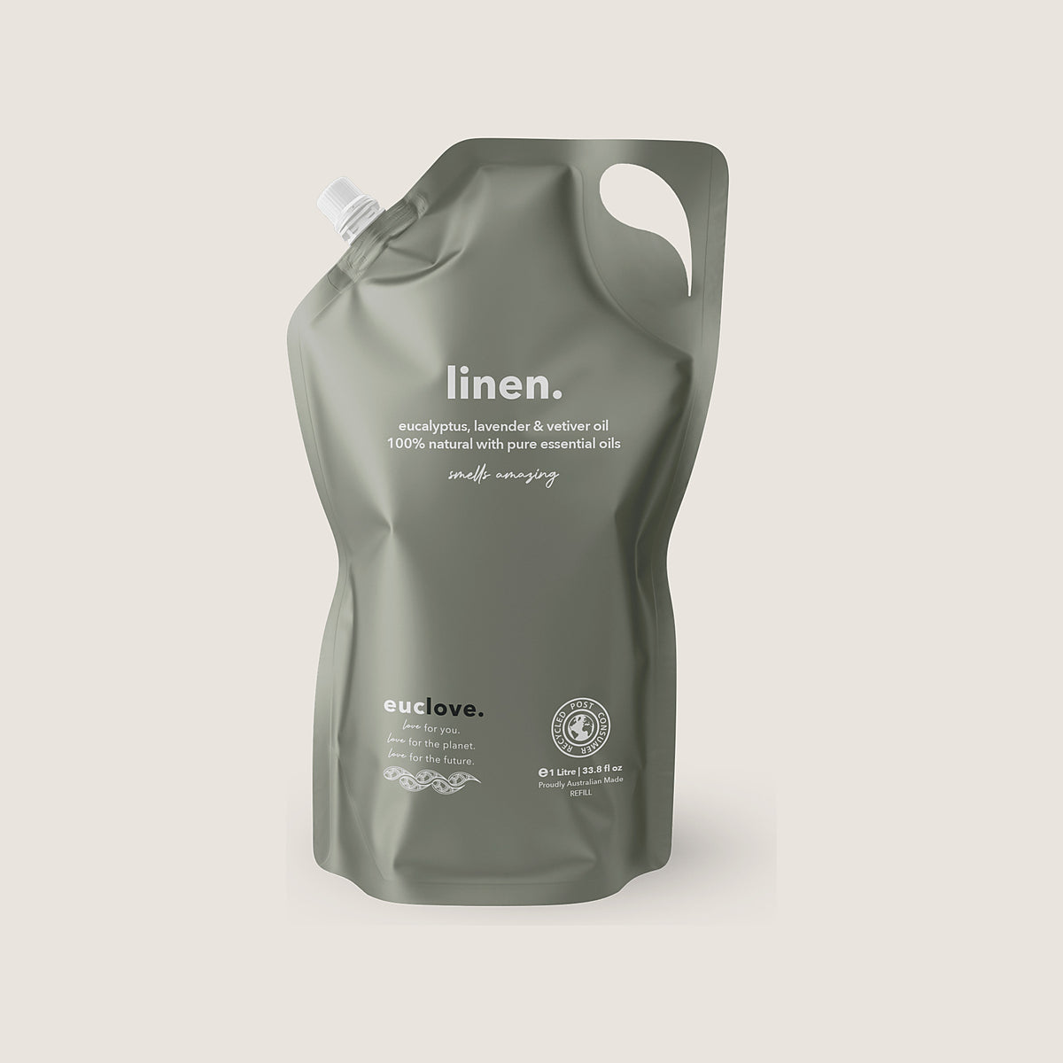 Euclove linen spray 1 litre refill pouch in post-consumer recycled packaging