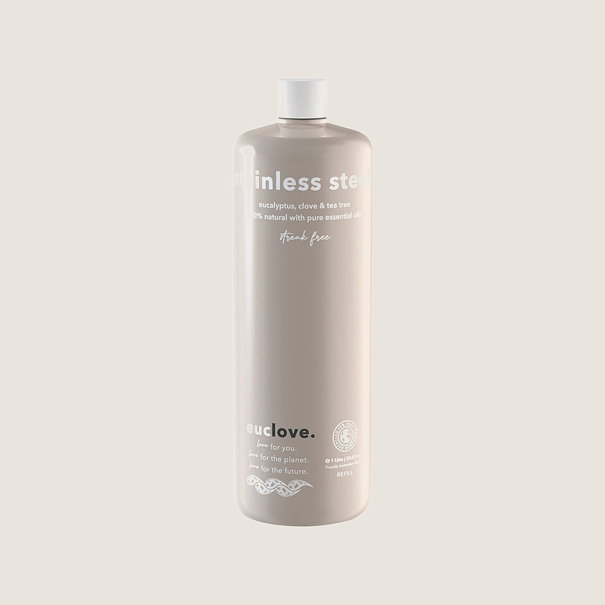 Euclove stainless steel cleaner 1 litre refill bottle in post-consumer recycled packaging