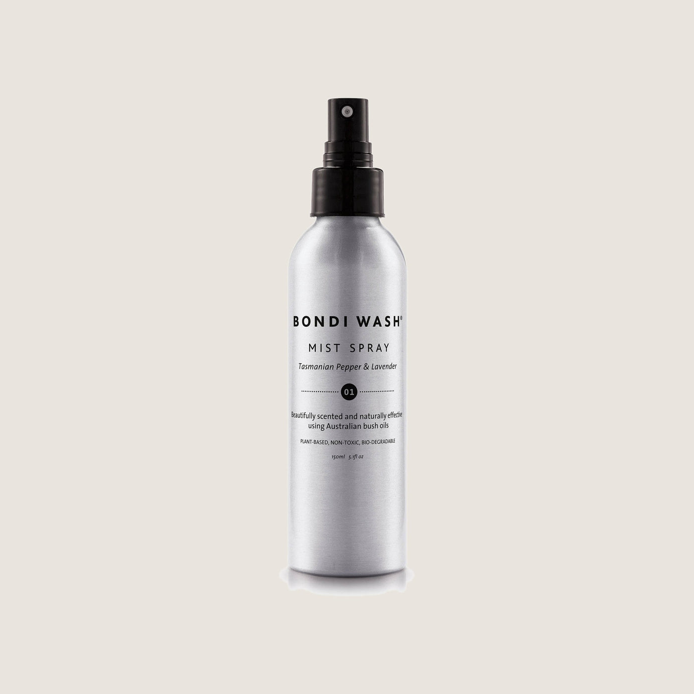 Bondi Wash Tasmanian Pepper & Lavender Mist Spray in a 150ml brushed aluminium bottle with a black spray pump