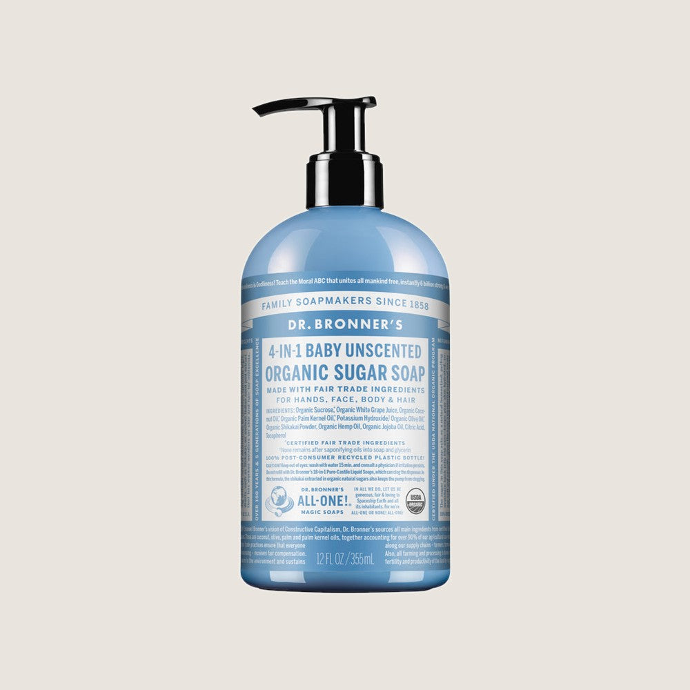 Dr. Bronner's 4-in-1 Baby Unscented Organic Sugar Soap 355ml pump bottle