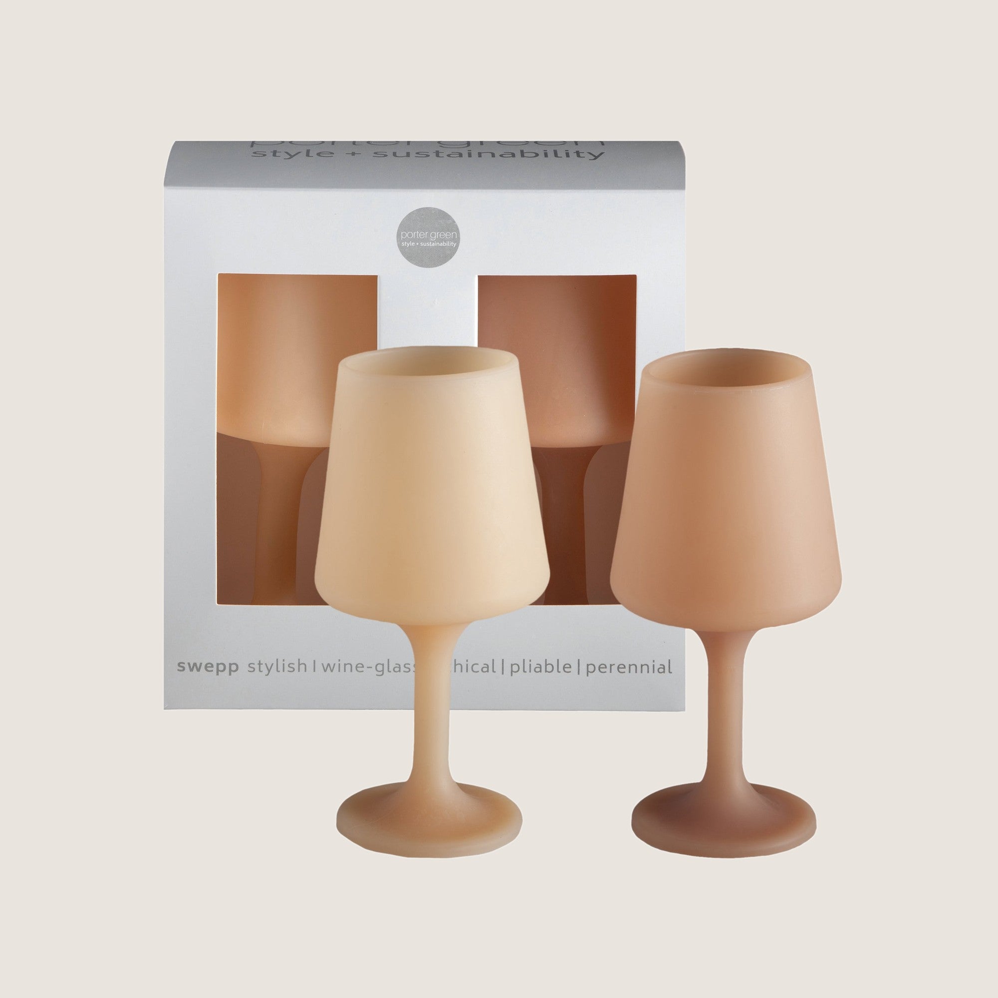 Porter Green Swepp unbreakable silicone wine glasses in Wheat + Oat, set of two