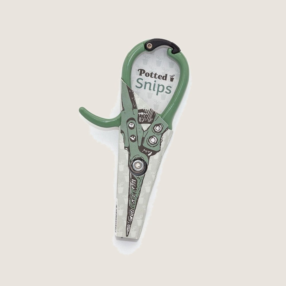 Potted Indoor Plant Snips with green handles and blade lock