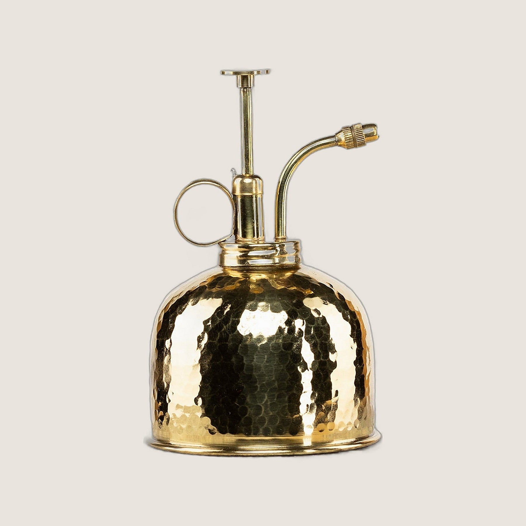 Plant Runner Brass Heirloom Mister, hammered solid brass with a ring handle and curved nozzle
