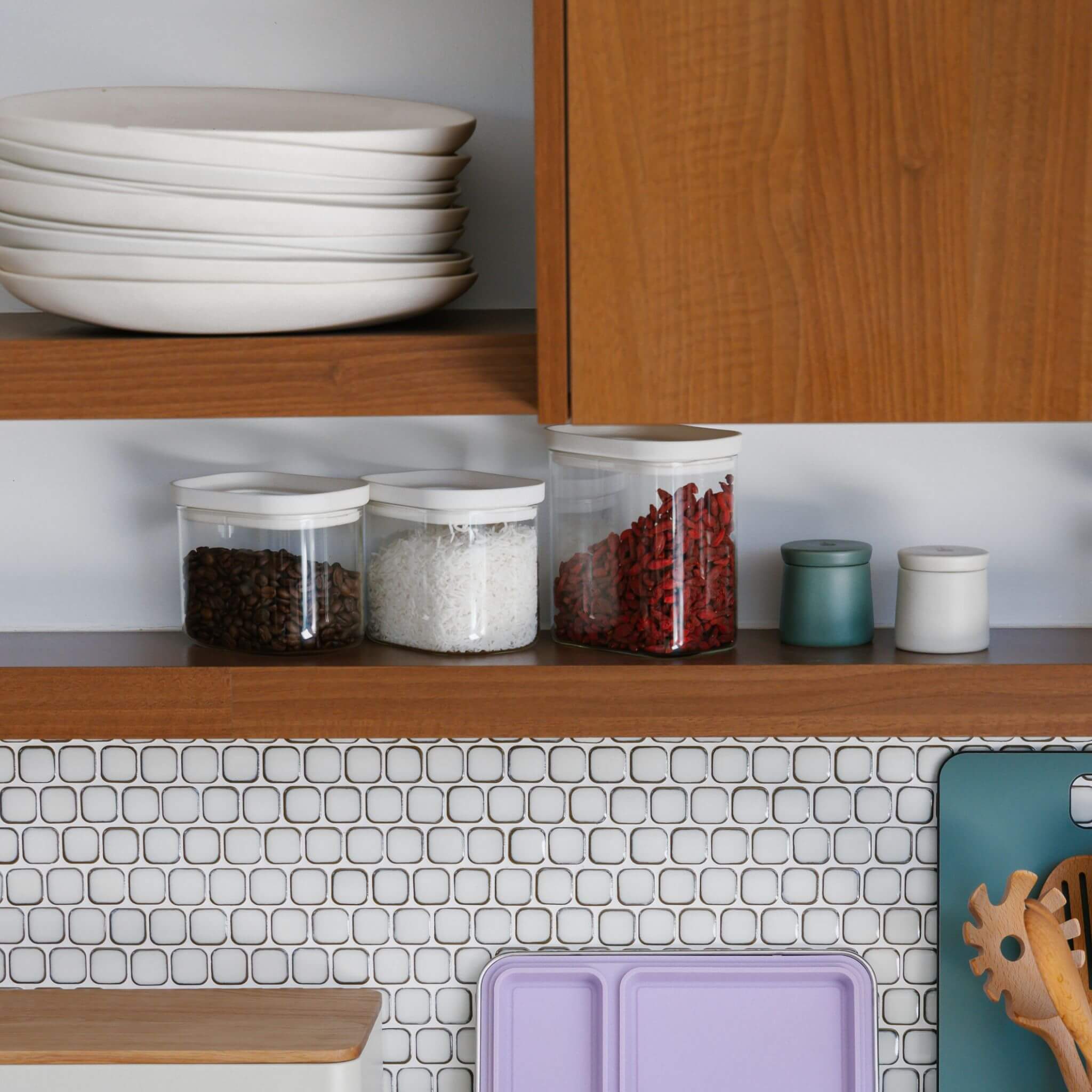 Seed & Sprout Tallow glass pantry jars on a pantry shelf
