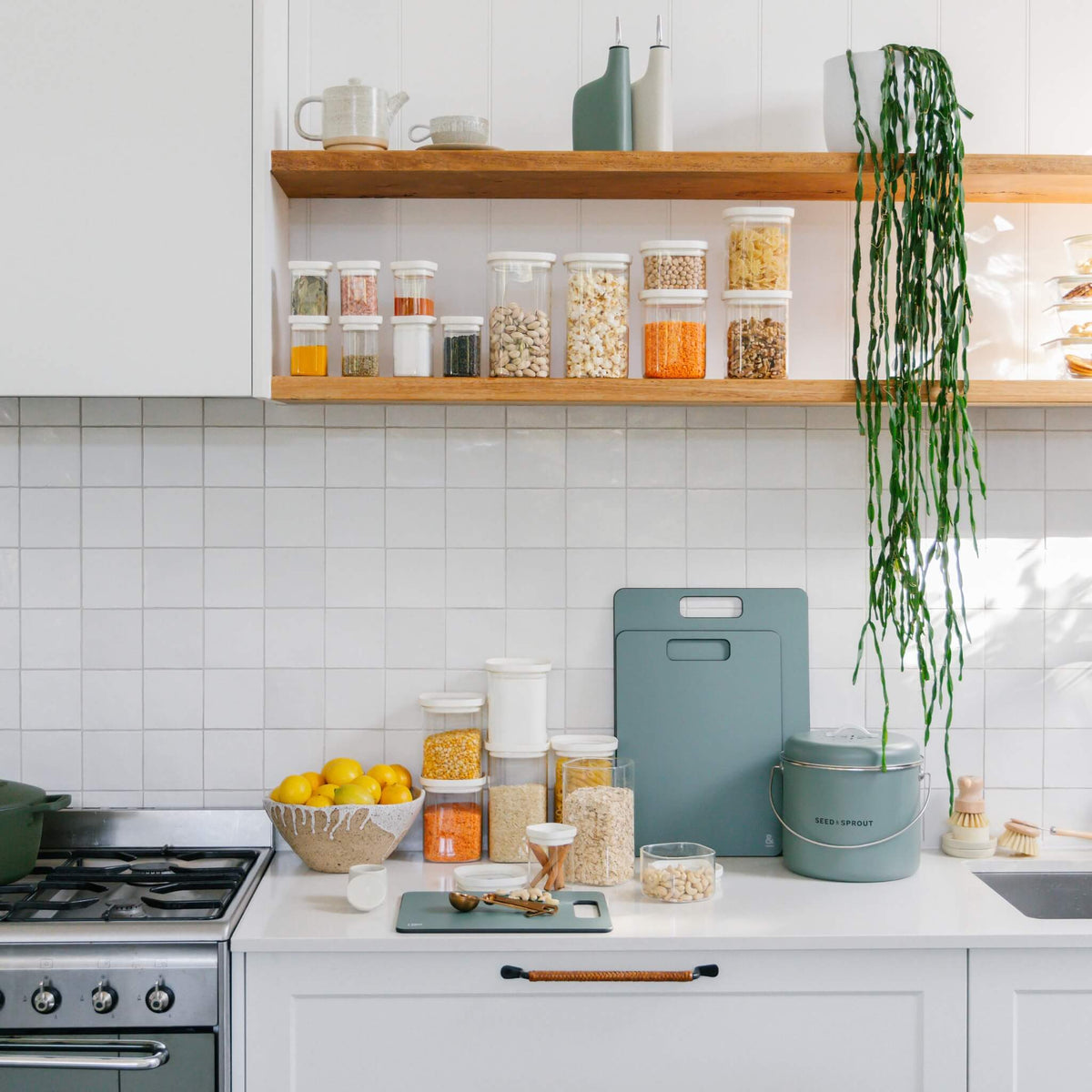 Seed & Sprout Newrybar square spice jars stacked to show the space-saving design