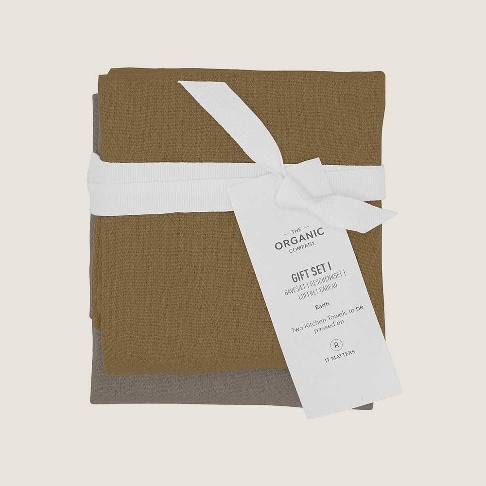 The Organic Company Earth Selection kitchen towel gift set on greige