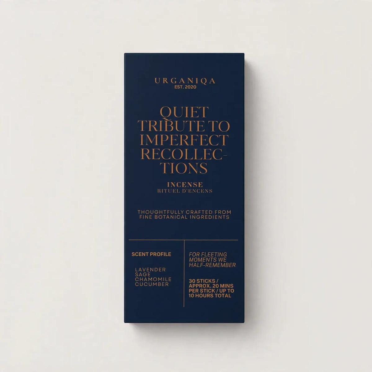 Urganiqa Quiet Tribute to Imperfect Recollections incense 30 stick slider box in navy