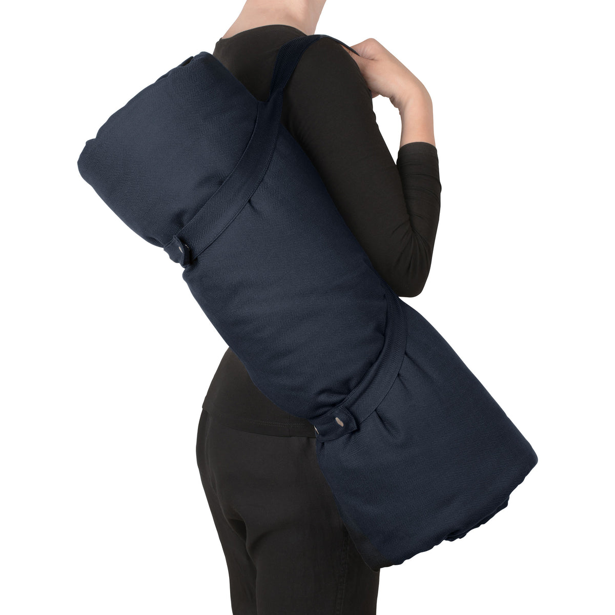 Meditation Mattress To Go in Dark Blue, rolled for carrying (lifestyle)
