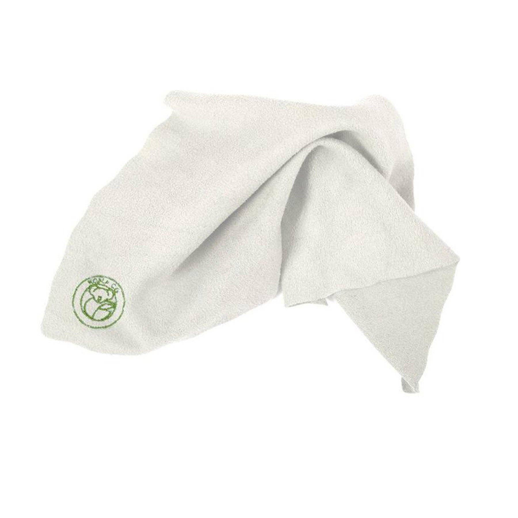 Koala Eco organic bamboo cleaning cloth in white, with the green embroidered Koala Eco logo in one corner