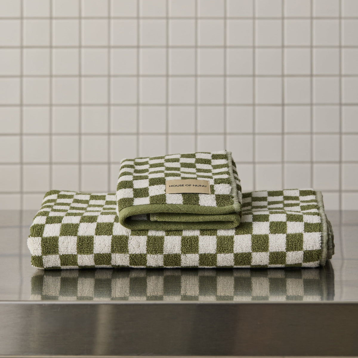 House of Nunu Green Olive Check towels styled