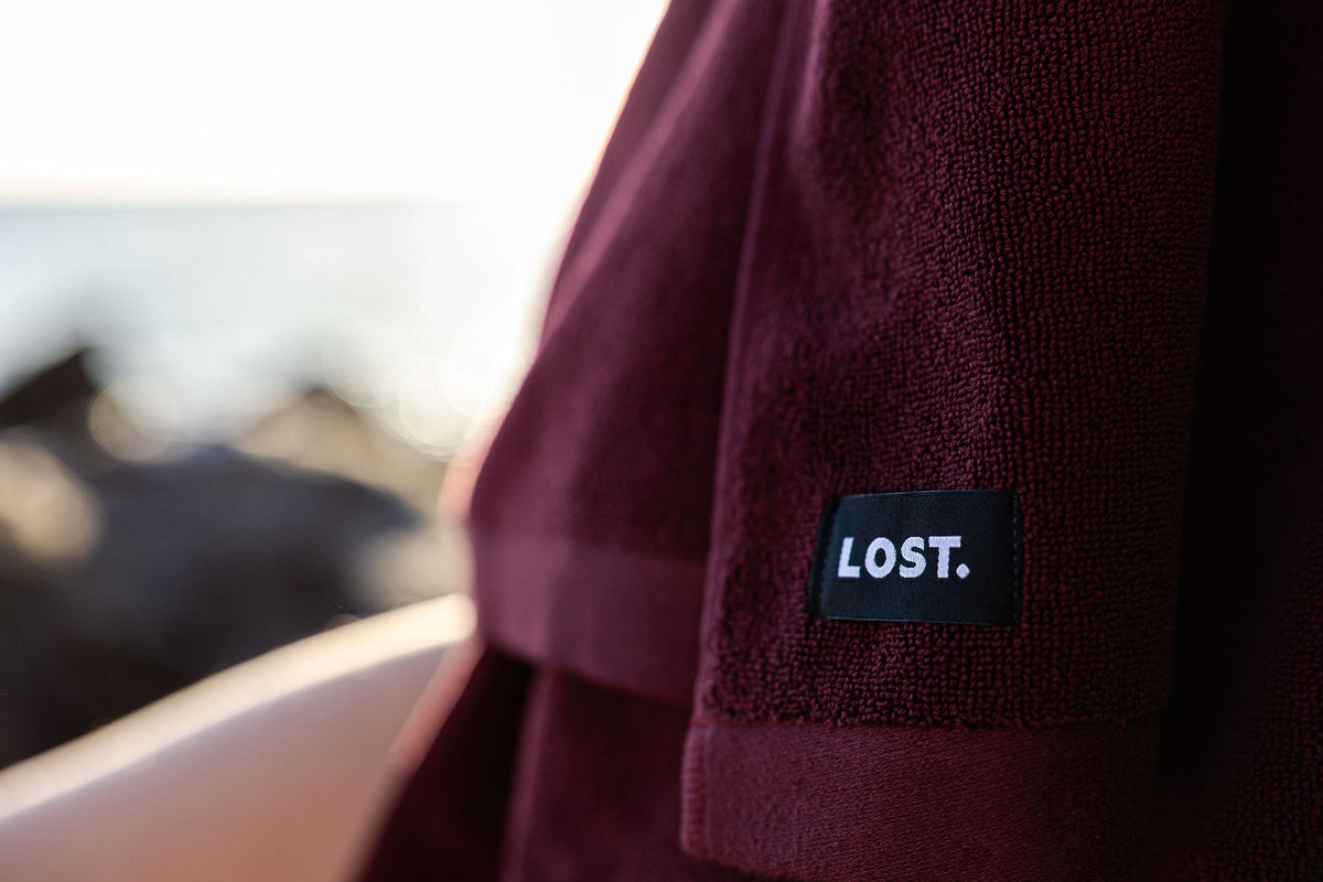 Lost Towels Mulberry towel detail with woven LOST label
