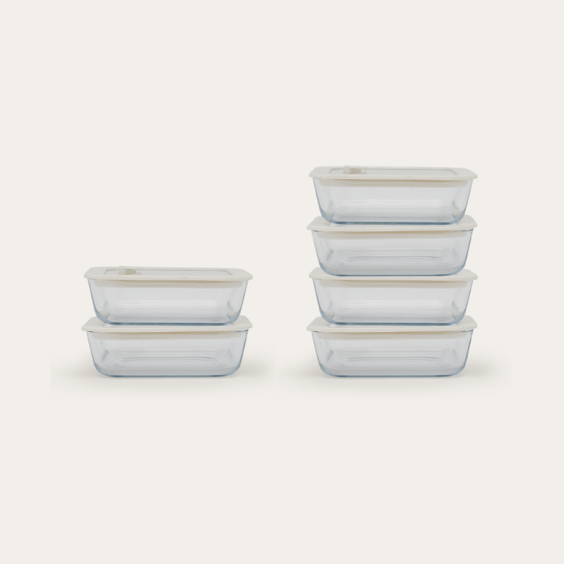 Seed & Sprout square glass food containers stacked, showing the glass lids