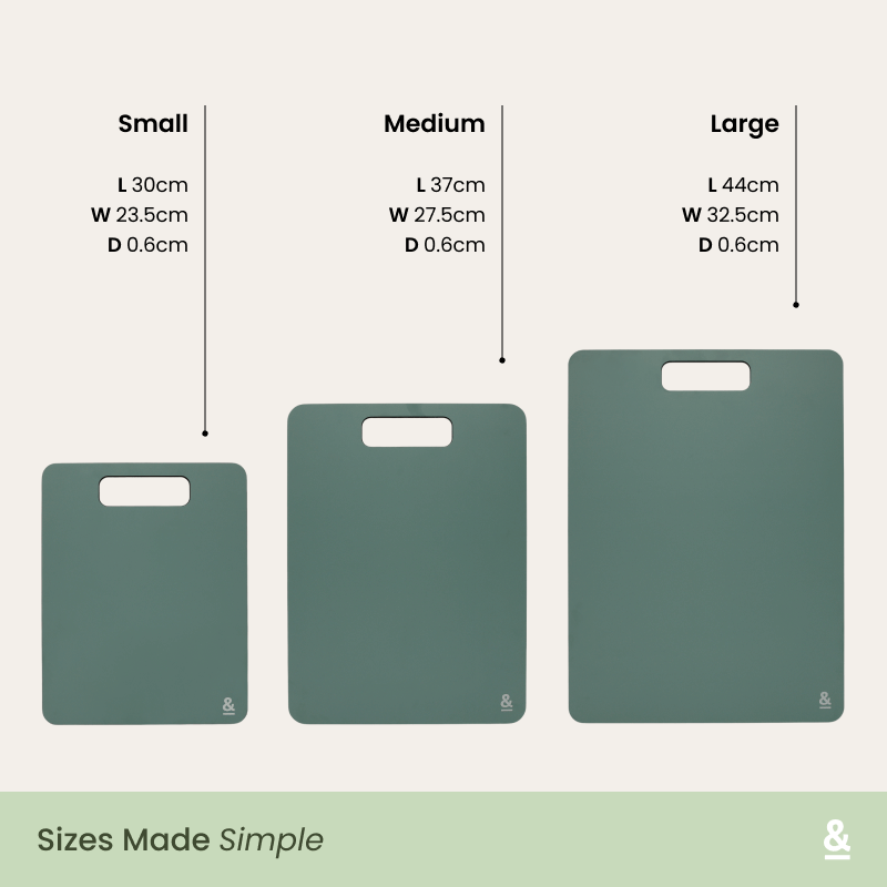 Size guide for the Seed & Sprout wood fibre chopping boards: small 30 x 23.5cm, medium 37 x 27.5cm, large 44 x 32.5cm, all 0.6cm deep