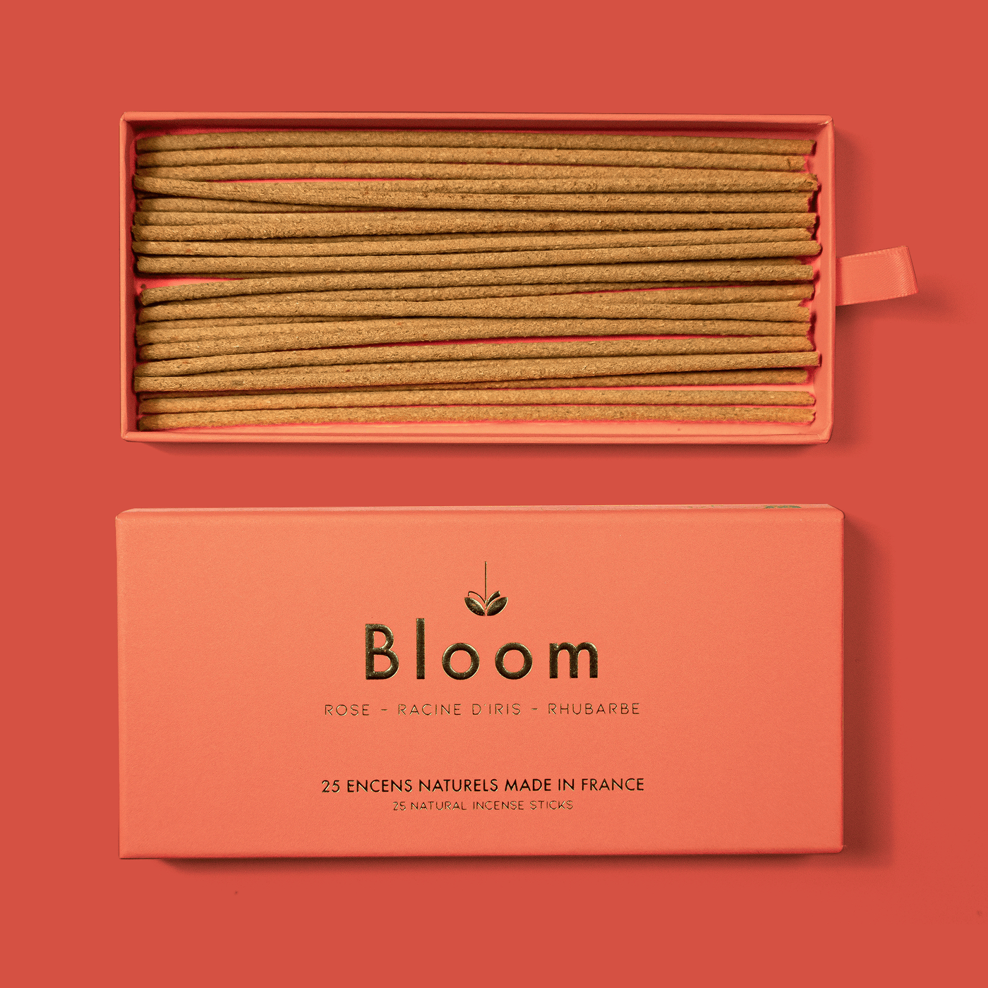 Bloom France Rose incense, open box of 25 natural sticks beside the Rose Racine d'Iris Rhubarbe box