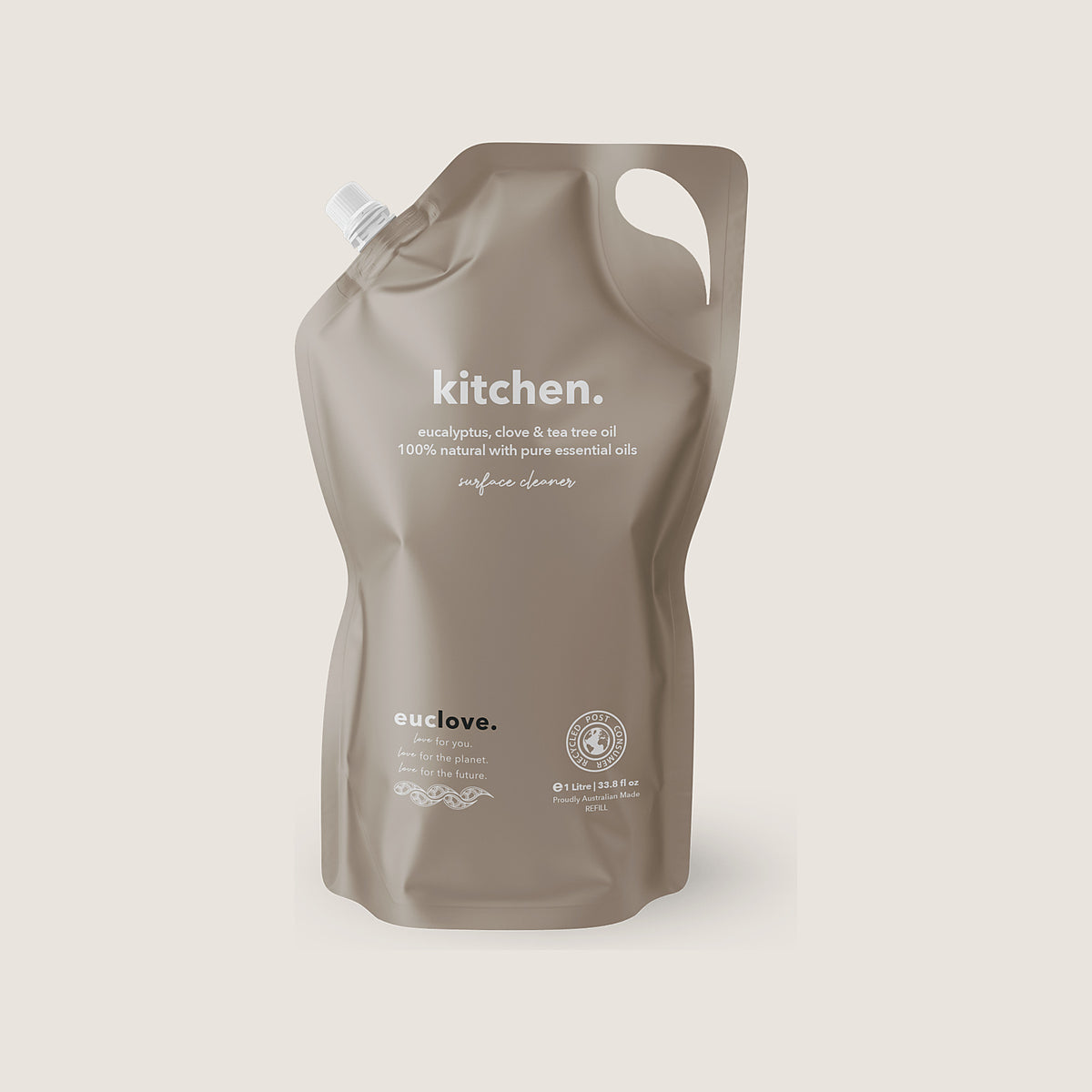 Euclove kitchen cleaner 1 litre refill pouch in post-consumer recycled packaging