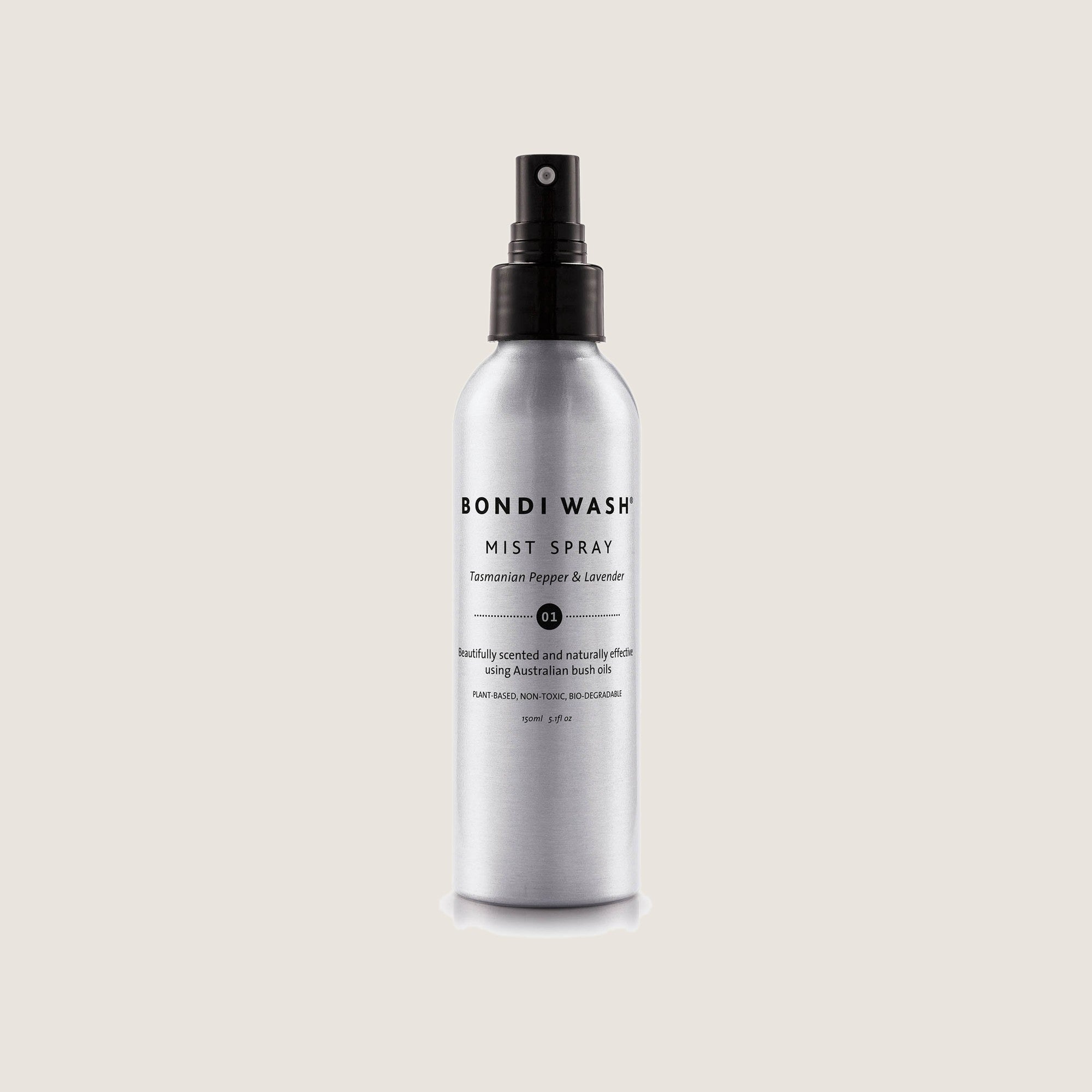 Bondi Wash Tasmanian Pepper & Lavender Mist Spray in a 150ml brushed aluminium bottle with a black spray pump