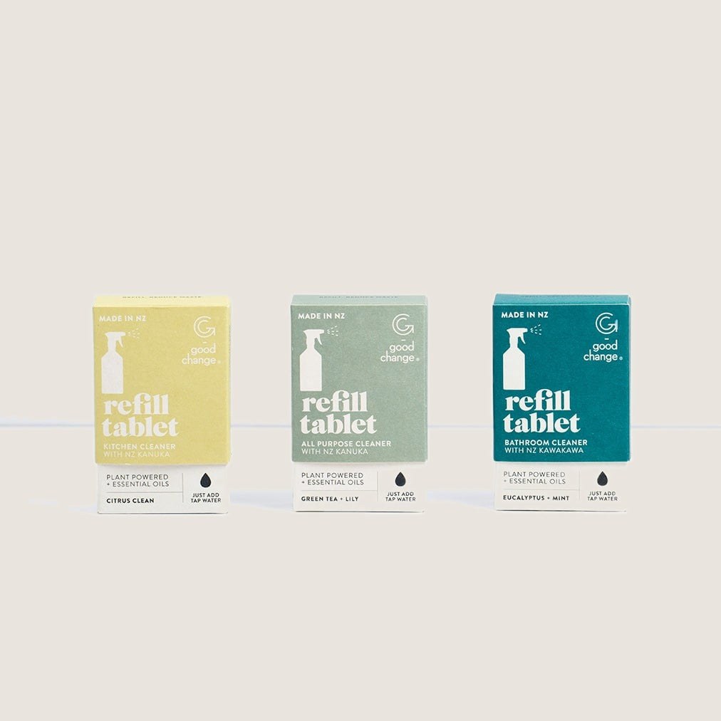 The three Good Change refill tablets: Kitchen, All Purpose and Bathroom, all made in New Zealand