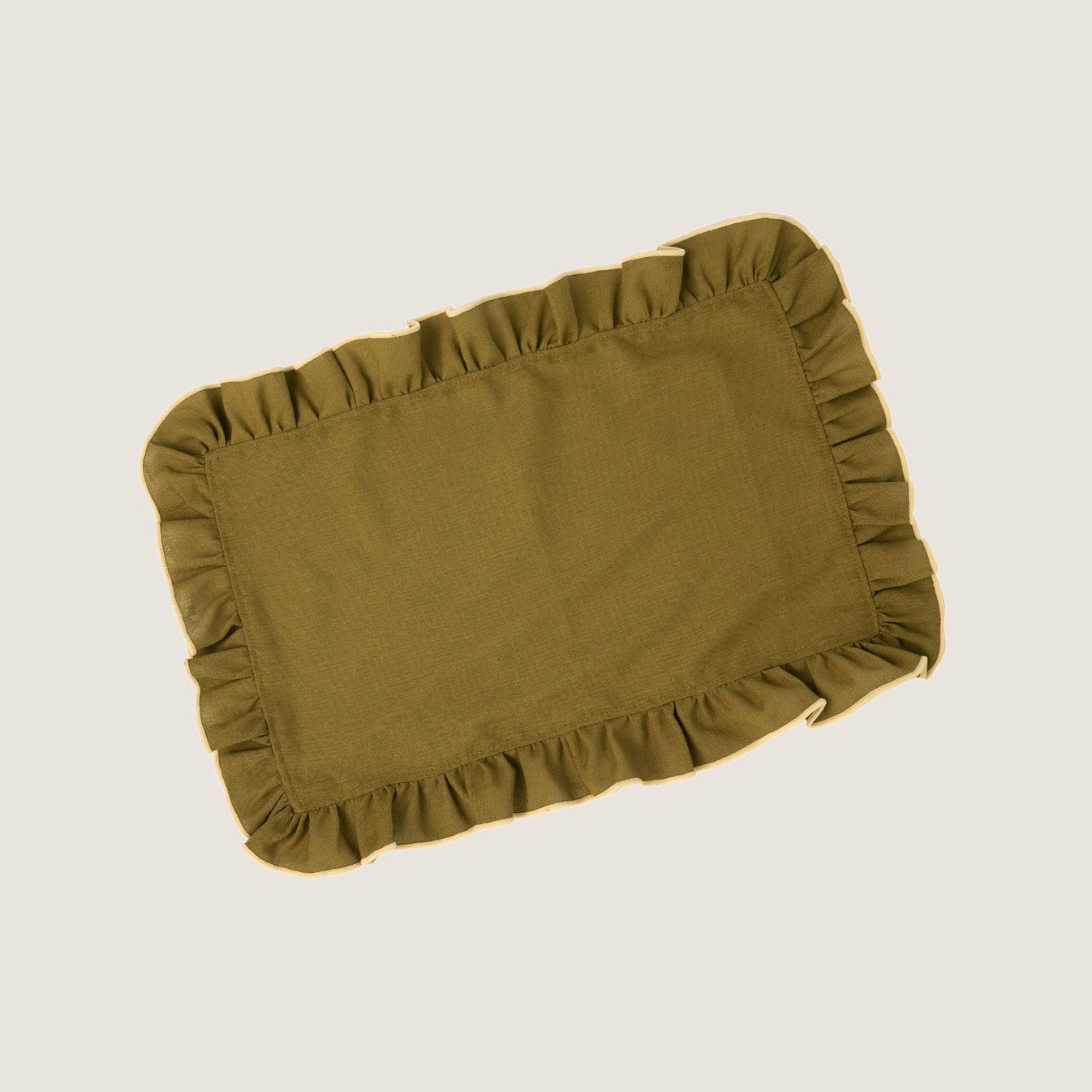 Mesa Collections ruffled placemats in olive green with cream trim, set of two
