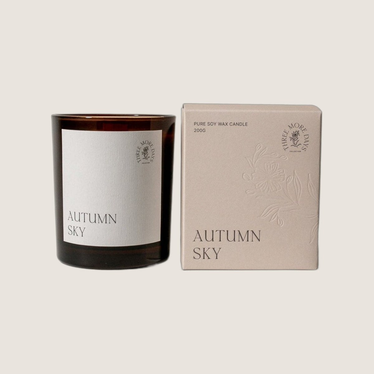 Three More Days Autumn Sky soy candle in amber glass
