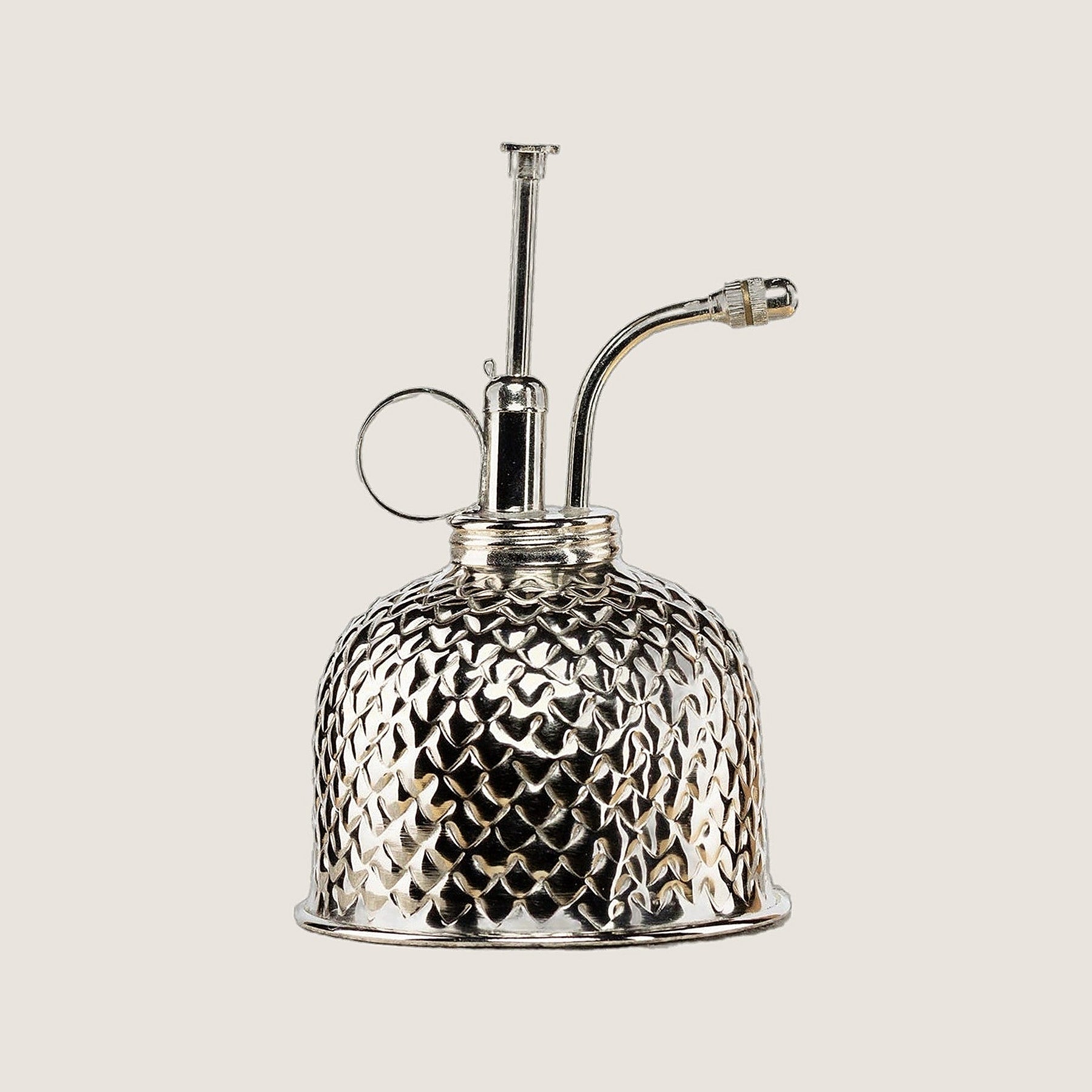 Plant Runner Nickel Heirloom Mister, textured all-metal body with a ring handle and curved nozzle