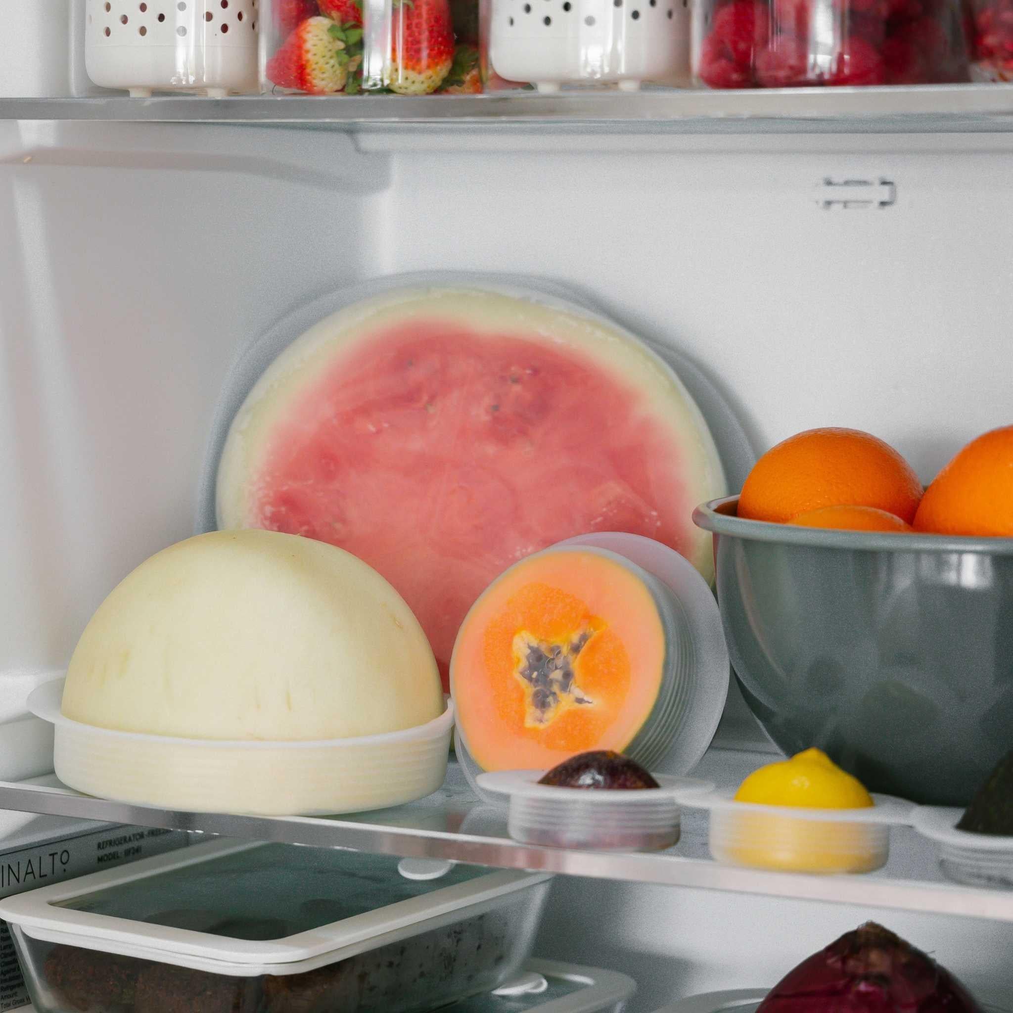 Seed & Sprout stretch lids on bowls in a fridge