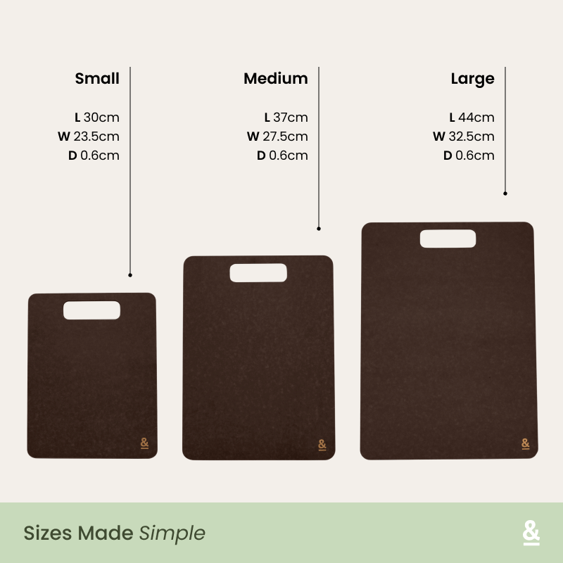 Size guide for the Seed & Sprout wood fibre chopping boards: small 30 x 23.5cm, medium 37 x 27.5cm, large 44 x 32.5cm, all 0.6cm deep