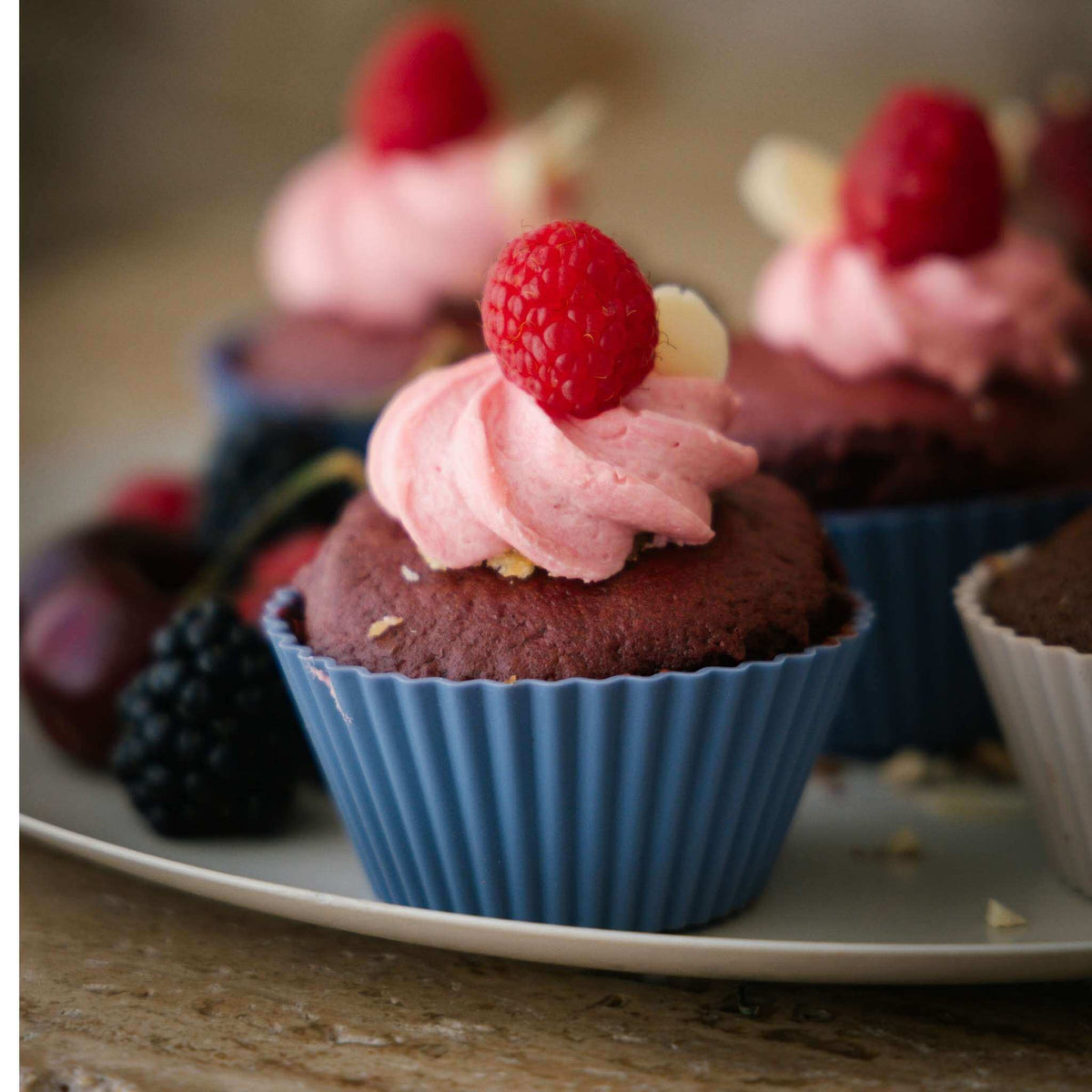 Raspberry cupcake baked in a Rain silicone muffin cup
