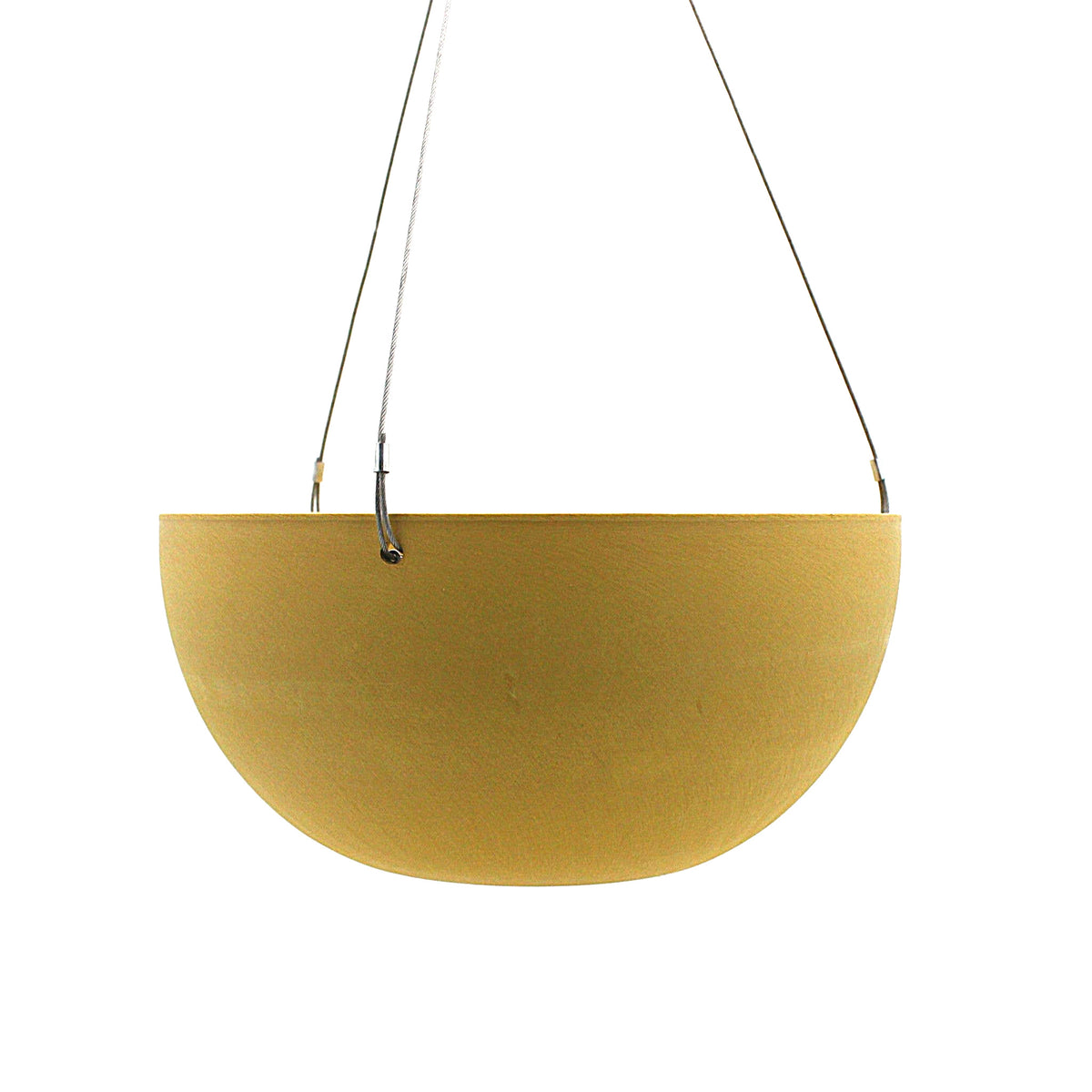 Potted Charlotte hanging pot in mustard, a half-sphere bowl suspended on steel cables